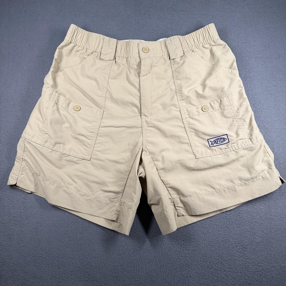 AFTCO Cargo Shorts Mens 34 Beige Nylon Elastic Waist Fishing 7 Inseam Pockets